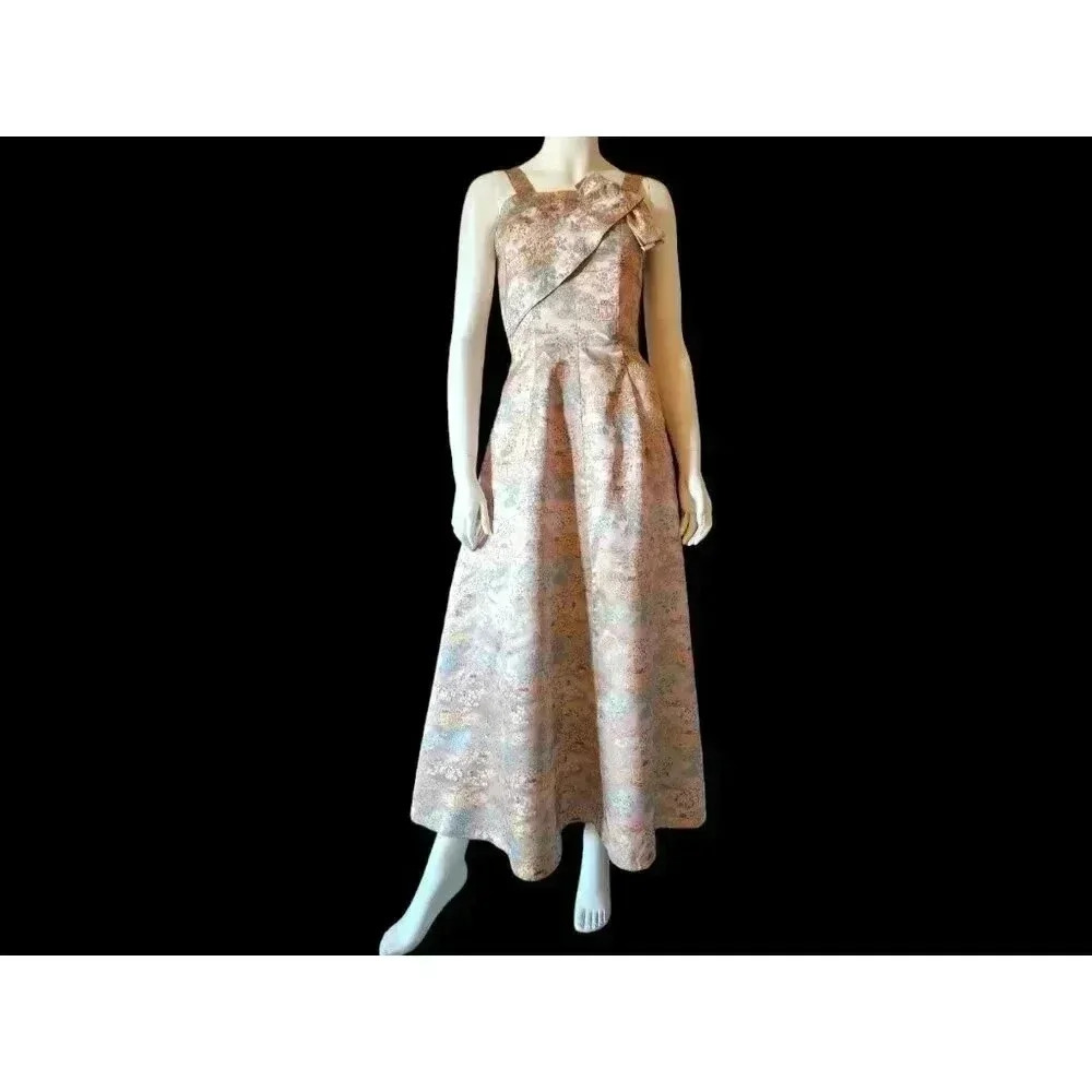 Vintage 1950s Blush Pink Chinese Silk Brocade Gown XS
